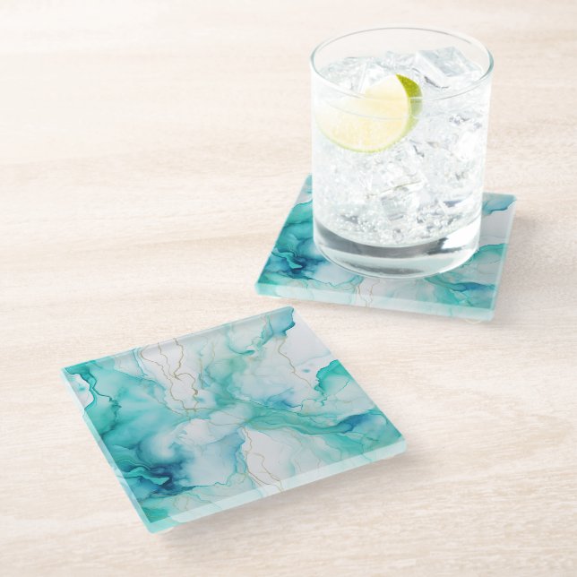 Mint Aqua Ink Marble Glass Coaster (Angled)