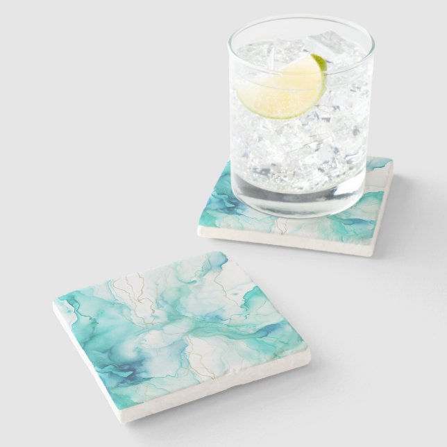 Mint Aqua Ink Marble Stone Coaster (Side)