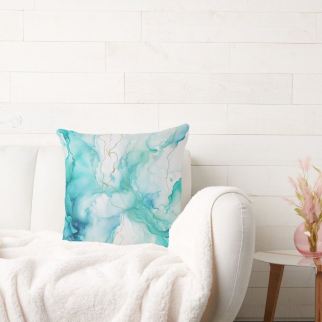 Mint Aqua Ink Marble Throw Pillow (Couch)