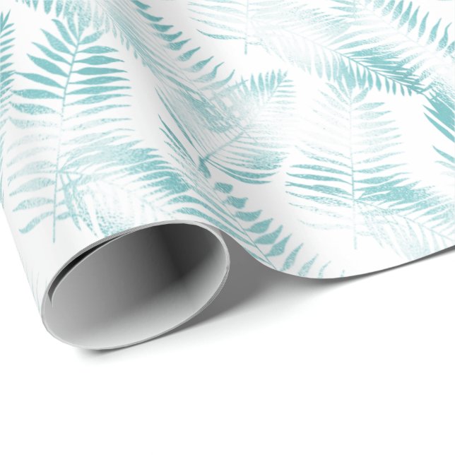 Mint Aqua Ombre Tropical Leaves Wrapping Paper (Roll Corner)