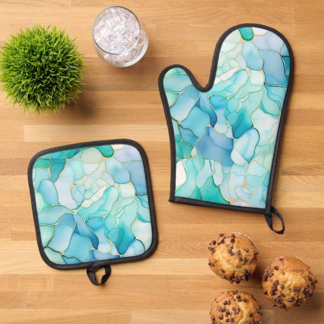 Mint Aqua Pearl Gold Marble  Oven Mitt & Pot Holder Set (Top Down)
