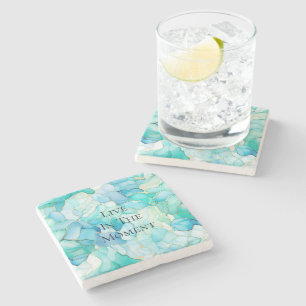 Mint Aqua Pearl Gold Marble Stone Coaster