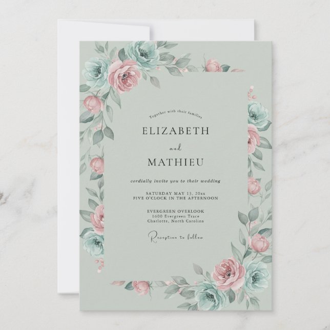 Mint Aqua Peony Wedding Invitation (Front)