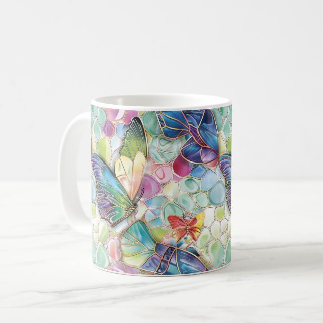 Mint Aqua Purple Pink Butterflies Coffee Mug (Front Left)