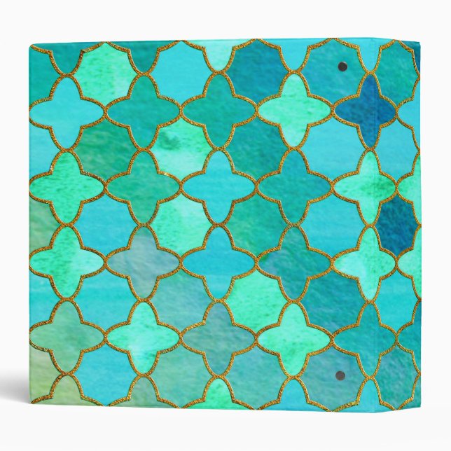 Mint Aqua Teal Gold Oriental Moroccan Tile pattern Binder (Back/Spine)