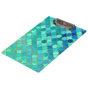 Mint Aqua Teal Gold Oriental Moroccan Tile pattern Clipboard