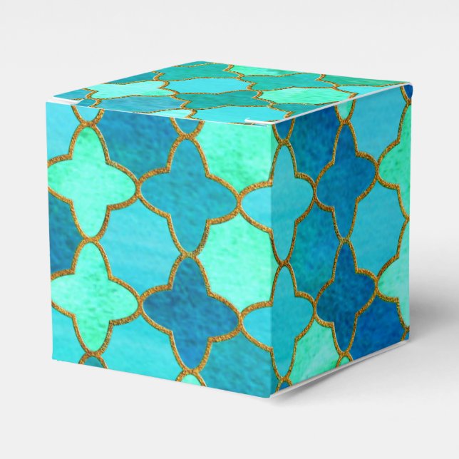 Mint Aqua Teal Gold Oriental Moroccan Tile pattern Favor Box (Front Side)