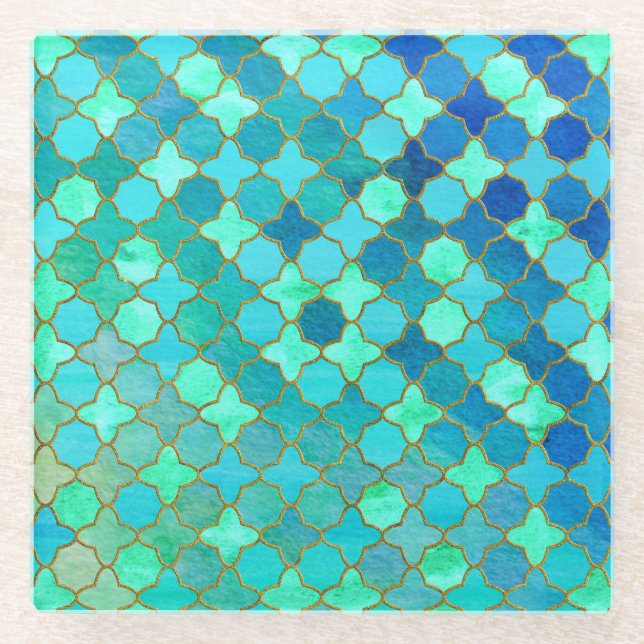 Mint Aqua Teal Gold Oriental Moroccan Tile pattern Glass Coaster (Front)
