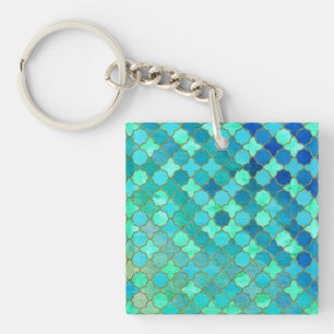 Mint Aqua Teal Gold Oriental Moroccan Tile pattern Keychain