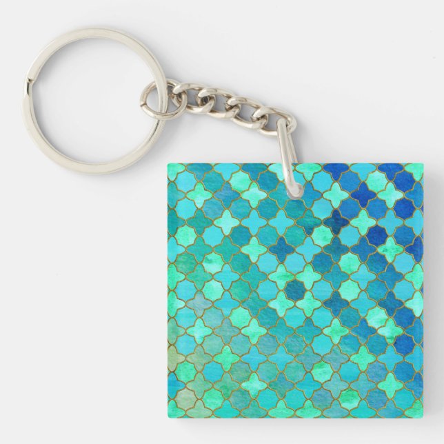 Mint Aqua Teal Gold Oriental Moroccan Tile pattern Keychain (Front)