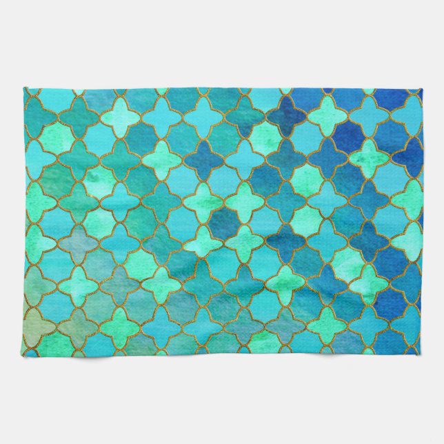 Mint Aqua Teal Gold Oriental Moroccan Tile pattern Kitchen Towel (Horizontal)
