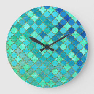 Mint Aqua Teal Gold Oriental Moroccan Tile pattern Large Clock