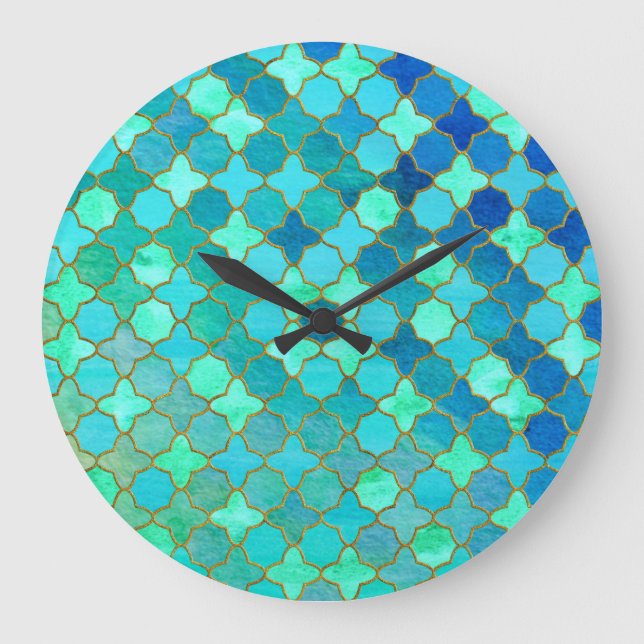 Mint Aqua Teal Gold Oriental Moroccan Tile pattern Large Clock (Front)
