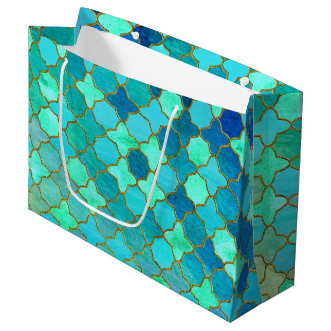Mint Aqua Teal Gold Oriental Moroccan Tile pattern Large Gift Bag (Front Angled)