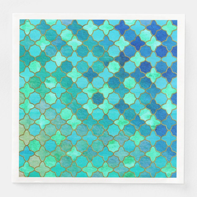 Mint Aqua Teal Gold Oriental Moroccan Tile pattern Napkin (Front)