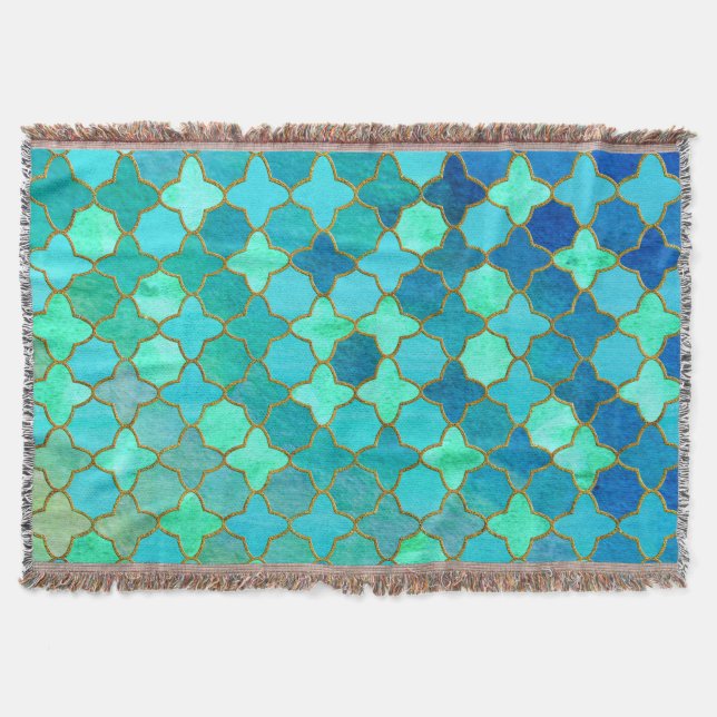 Mint Aqua Teal Gold Oriental Moroccan Tile pattern Throw Blanket (Front)