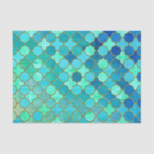 Mint Aqua Teal Gold Oriental Moroccan Tile pattern Tissue Paper (Front)