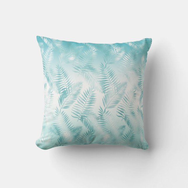 Mint Aqua White Tropical Beach Leaves           Throw Pillow (Front)