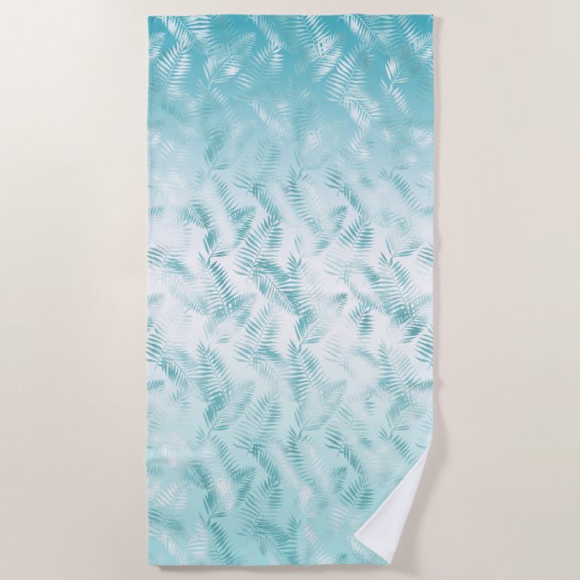 Mint Aqua White Tropical Leaves    Beach Towel (Front)