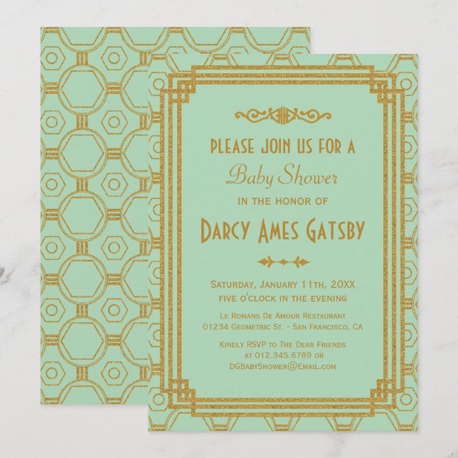 Mint Art Deco Baby Shower Invites (Front/Back)