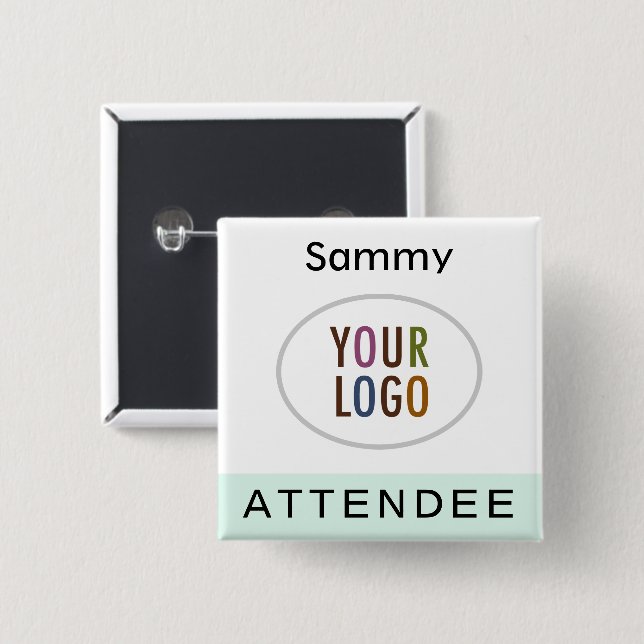 Mint Attendee Name Badge with Logo Pinback Square  2 Inch Square Button (Front & Back)