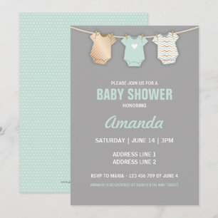 Mint Baby Shower Invitation, Clothesline Theme Invitation