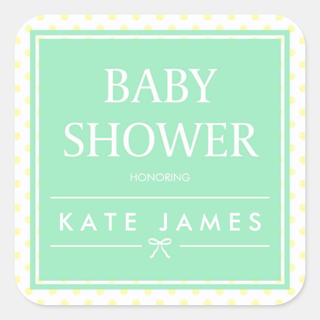 Mint Baby Shower Ribbon with Yellow Polka Dots Square Sticker (Front)