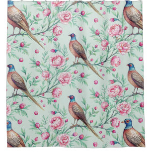 Mint Background Songbirds & Pink Flowers