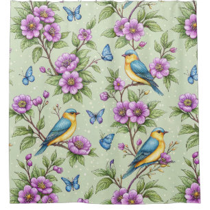 Mint Background Songbirds & Purple Flowers