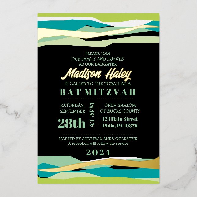 Mint Bar Bat Mitzvah Invitation with Gold Foil (Front)