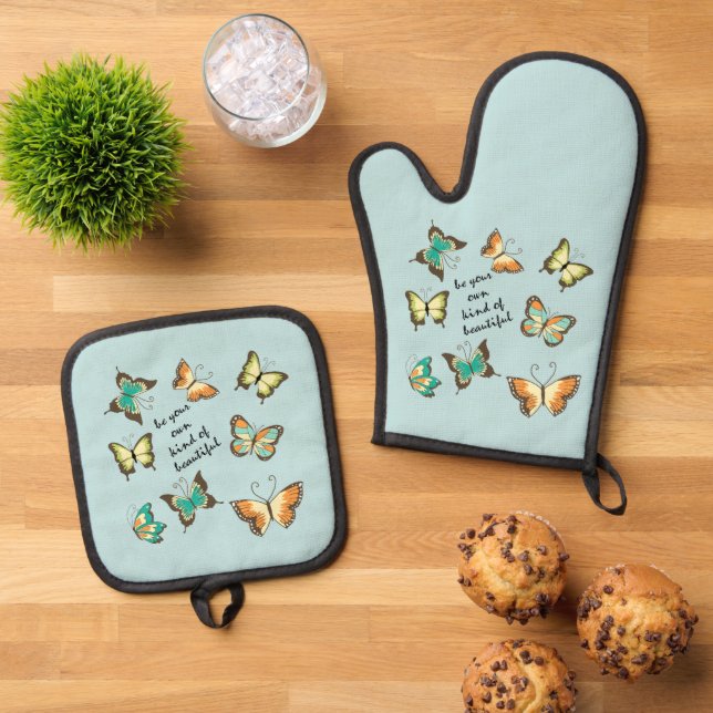 Mint Be Your Own Beautiful Butterflies Oven Mitt & Pot Holder Set (Top Down)