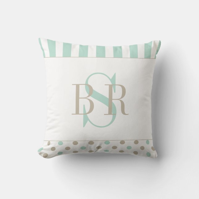 MINT BISQUE DOTS STRIPES Monogrammed Pillow (Front)