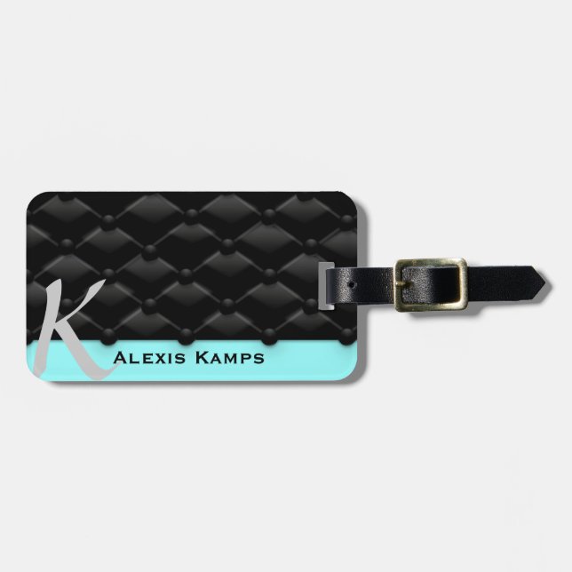 Mint Black Blue Tufted Custom Luggage Tag (Front Horizontal)
