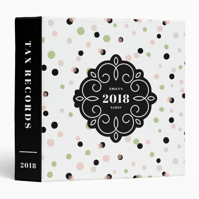 Mint Black Confetti Pattern Personalized 2018 Tax Binder (Front/Spine)