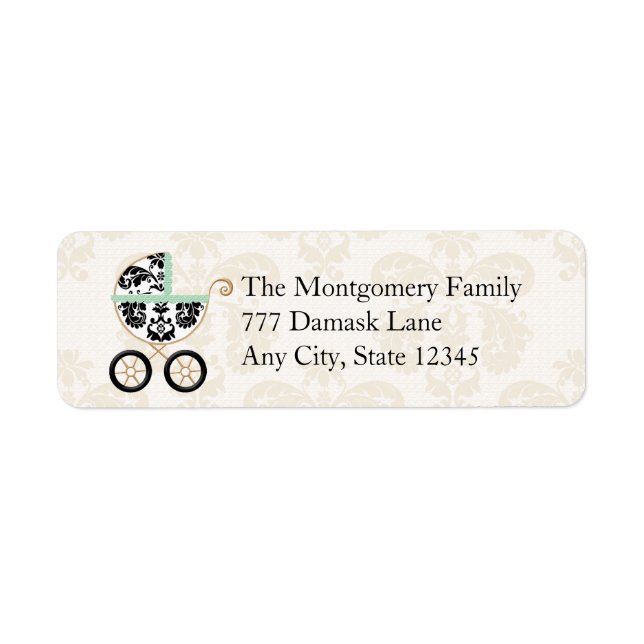 MINT BLACK DAMASK BABY CARRIAGE RETOUR ADRESSE (Devant)