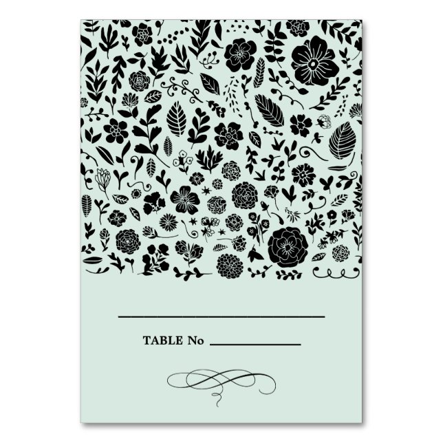 Mint | Black Floral Wedding Table Place Card (Front)
