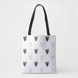 Mint & Black Hearts Doodles Motif Sac fourre-tout