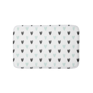 Mint & Black Hearts Doodles Pattern Bath Mat