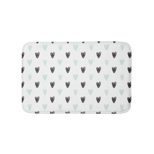 Mint & Black Hearts Doodles Pattern Bath Mat (Front)