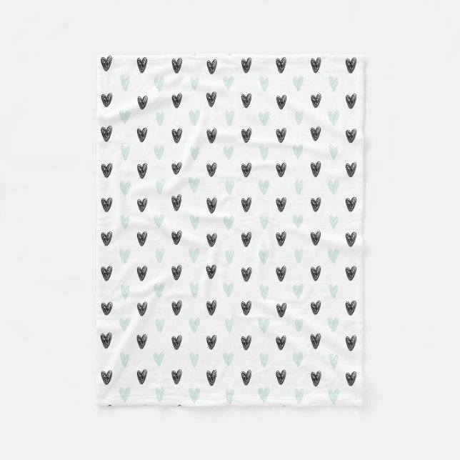 Mint & Black Hearts Doodles Pattern Blanket (Front)