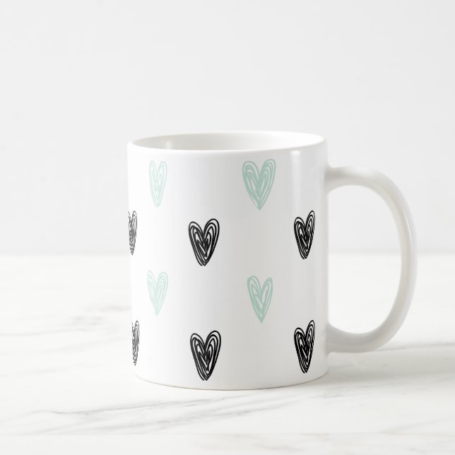 Mint & Black Hearts Doodles Pattern Girly Mug (Right)