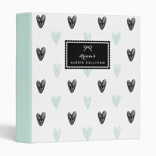 Mint & Black Hearts Doodles Pattern Personalized Binder (Front/Spine)