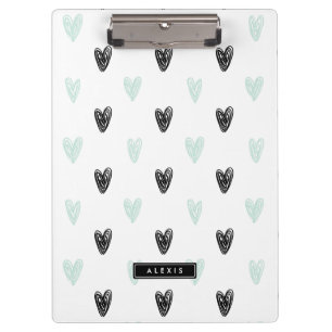 Mint & Black Hearts Doodles Pattern Personalized Clipboard