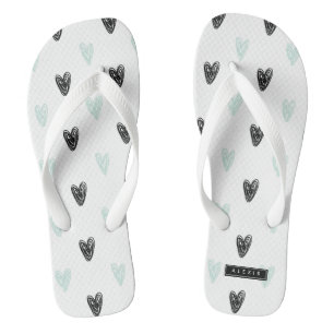Mint & Black Hearts Doodles Pattern Personalized Flip Flops