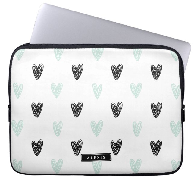 Mint & Black Hearts Doodles Pattern Personalized Laptop Sleeve (Front)