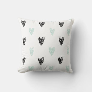 Mint & Black Hearts Doodles Pattern Personalized Throw Pillow