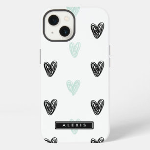 Mint & Black Hearts Pattern Personalized iPad Case