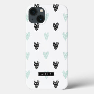 Mint & Black Hearts Pattern Personalized iPad Case