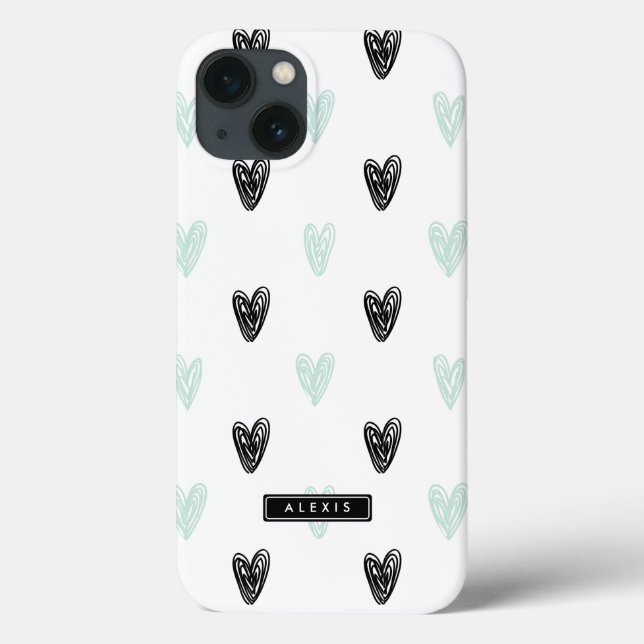 Mint & Black Hearts Pattern Personalized iPad Case (Back)