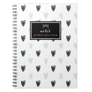 Mint & Black Hearts Pattern Personalized Notebook
